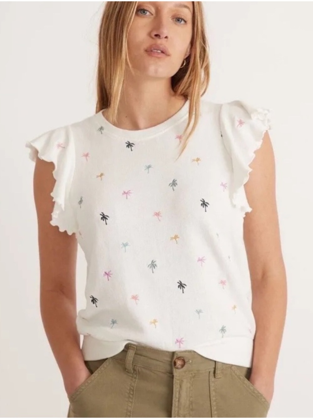 Marine Layer Caroline Embroidered cap sleeve sweatshirt multicolor palm S Cotton